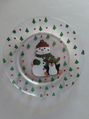 Arcoroc France Snowman & Penguin Glass Plate - Red, Green, Clear